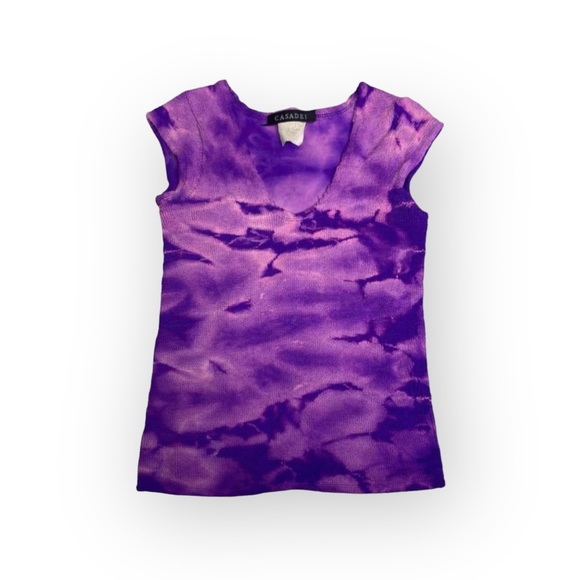 Vintage 90’s: Casadei ᪥ Textured Stretch Cap Sleeve Top ᪥ Purple Tie Dye ᪥ Luxe - Picture 2 of 16